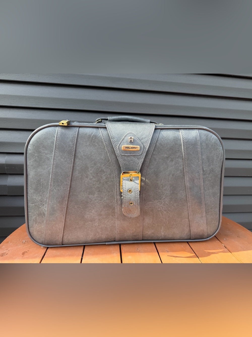 Vintage Holiday Grey-blue Suit Case with lock & key!